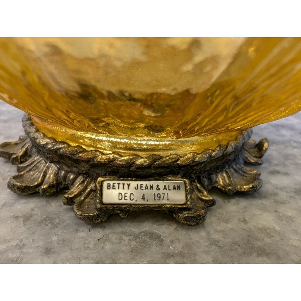 Engraved‎ Vintage Amber Glass Flower Silver Metal Pedestal Trinket Dish